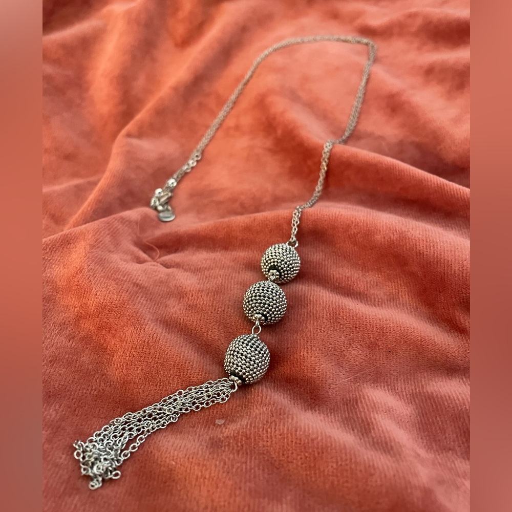 Beaded silver balls & tassel long necklace